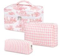 SilTriangle 3 Pack Quilted Makeup Bag, Large Cotton Makeup Bags Set, Gingham Stripe Floral Toile De Jouy Toiletry Bag, Coquette Vintagetravel Cosmetic Organizer for Women, Pink