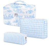 SilTriangle 3 Pack Quilted Makeup Bag, Large Cotton Makeup Bags Set, Gingham Stripe Floral Toile De Jouy Toiletry Bag, Coquette Vintagetravel Cosmetic Organizer for Women, Blue