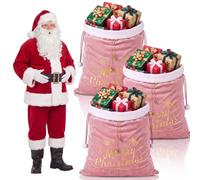 SilTriangle 3 Pcs Extra Large Christmas Santa Sack Christmas Gift Bags 36" x 25" Jumbo Pink Velvet Presents Sack with Cord Drawstring Oversized Xmas Santa Claus Bag for Xmas Giant Presents Gift Wrap
