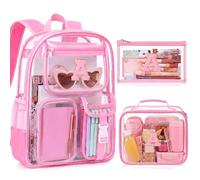 SilTriangle 3 Pcs Initial Clear Backpack with Lunch Bag Pencil Case Pink Letter PVC Bookbag College Supplies for Women, Pink, 11.42 x 4.33 x 14.57 inches, Letter a