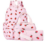 SilTriangle 3 Pcs Quilted Backpack Bags Set with Cotton Lunch Box Pencil Case Cute Bag for Women Work Travel Picnic, Pink, 16.93 x 11.81 x 5.51, Strawberry