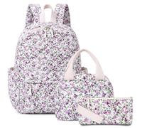 SilTriangle 3 Pcs Quilted Backpack Bags Set with Cotton Lunch Box Pencil Case Cute Bag for Women Work Travel Picnic, Purple, 16.93 x 11.81 x 5.51 Inch, Flower