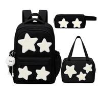 SilTriangle 3 Pcs Y2K Aesthetic Backpack Set, School Bookbag with Star Plush Charm, Lunch Bag, Pencil Case, Cute Preppy Daypack for Teen Girls, College Women, High School Students