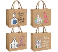 SilTriangle 4 Pcs Christian Church Jute Tote Bag for Women Christmas | Amazing Grace, It Is Well with My Soul, Be Still and Know, God Is Within Her, Religious Gift Bag, Wedding Bridesmaid Gift