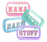 SilTriangle 4 Pcs Mama and Baby Toiletry Bag Clear Chenille Letter Pouch Snacks Makeup Stuff Travel Diaper Bag Preppy Transparent Pouch with Zipper for Women Gift, Pastel Color, Modern