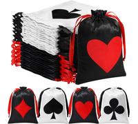 SilTriangle 48 Pcs Casino Party Favor Gift Bags Casino Theme Party Decorations with Drawstring Las Vegas Satin Goody Treat Poker Bags for Birthday Game Night Decoration (Black White Red)