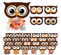 SilTriangle 48 Sets of Owl Self Adhesive Cellophane Treat Bags with Owl Toppers Cellophane Bags Treat Product Bags for Gift Giving School Classroom Graduation Birthday Party Supplies (Brown)