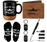 SilTriangle 5 Pcs Pilot Gifts for Men Pilot Gifts Set Include Sock and Ceramic Mug Leather Wallet 6 in 1 Multi Tool Pen Keychain Dad Present from Son Daughter Husband Present