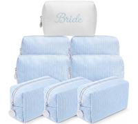 SilTriangle 6 Pcs Blue Bow Cosmetic Bags Bulk Makeup Bags Stripe Women Pouch Large Preppy Storage Pouch Toiletry Travel Organizer for Party Favor, blue and white, Bride