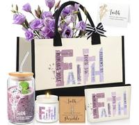 SilTriangle 6 Pcs Christian Gifts for Women Faith Set Religious Gifts for Women with Tote Bag Makeup Bag Candle Cross Necklace Cup Greeting Card for Birthday Christmas Church Inspiration(Purple)