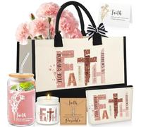 SilTriangle 6 Pcs Christian Gifts for Women Faith Set Religious Gifts for Women with Tote Bag Makeup Bag Candle Cross Necklace Cup Greeting Card for Birthday Christmas Church Inspiration, 16.93 x