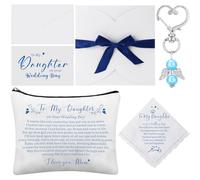 SilTriangle 6 Pcs Wedding Gift Set for Daughter from Mother: 'To My Daughter' Handkerchief, Wedding Card, Cosmetic Bag, Angel Charm, Petal Envelope, Blank Envelope - Blue and White - Bridal Shower