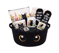 SilTriangle 8 Pcs Black Cat Lover Gifts for Women Cat Mom Gift Box with Woven Basket Ceramic Coffee Mug Soy Candle Makeup Bag Coin Purse and Socks Birthday Party Gifts for Girl Lady