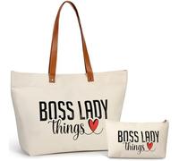 SilTriangle Boss Lady Gift for Women Bosses Day Canvas Tote Bag Makeup Bag Appreciation Gift for Leader Coworker Colleague(White)