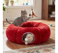 SilTriangle Cat Tunnel Christmas Tree Skirt Large Soft Plush Tunnel Bed Under Christmas Tree for Indoor Cats 36" Circle Donut Tube Bed with Central Mat for Cat Puppy Rabbit Kitten Xmas Gifts(Red)