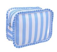 SilTriangle Gingham Ruffle Makeup Bag Large Travel Cute Checkered Cosmetic Toiletry Bag with Zipper for Women Girls, Toiletry Pouch Make up Organizer Gift, Blue, Striped