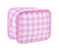 SilTriangle Gingham Ruffle Makeup Bag Large Travel Cute Checkered Cosmetic Toiletry Bag with Zipper for Women Girls, Toiletry Pouch Make up Organizer Gift, Pink, Gingham