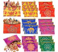 SilTriangle Indian Return Gifts for Pooja, Multicolor Canvas Makeup Bags with Golden Zipper, Travel Cosmetic Pouches with Classic Indian Motifs, Wedding Gift for Women, red, green, yellow, blue