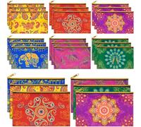 SilTriangle Indian Return Gifts for Pooja, Multicolor Canvas Makeup Bags with Golden Zipper, Travel Cosmetic Pouches with Classic Indian Motifs, Wedding Gift for Women, red, green, yellow, blue