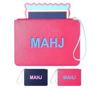 SilTriangle Leather Mahjong Card Clutch Bag Holder Pouch Mahjong Accessories Protector Cover Case with Zipper and Wrist Strap for MAHJ Lover Playing Game Night, 9.5 x 6.6 Inch (Hot Pink)