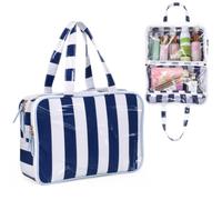 SilTriangle Travel Toiletry Makeup Bag for Women, Striped Waterproof Polyester Cosmetic Bag with Handle, Portable Organizer Case with Fold-out Compartments for Skincare, Conditioner, Brushes