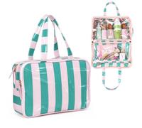 SilTriangle Travel Toiletry Makeup Bag for Women, Striped Waterproof Polyester Cosmetic Bag with Handle, Portable Organizer Case with Fold-out Compartments for Skincare, Conditioner, Brushes, Green