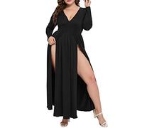 SILUI Women's Summer Dress Western Sexy Double High Slit Deep V Neck Plus Size Sundresses Thigh Split Maxi Club Party Dresses, Black, S