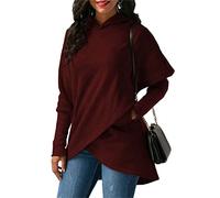 silunma2021 Women Asymmetrical Hoodie Shirt Cowl Neck Long Sleeve Pullovers Tops Casual Drawstring Sweatshirts With Pocket, Magenta, XXXL