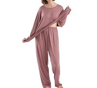 Silunma2021 Women’s Oversized Pyjamas Set Long Sleeve Crew Neck Top with Pants 2 Pieces Plain Sleepwear Soft PJs Set Ladies Lounge Wear Nightwear (Rose,5XL-7XL)