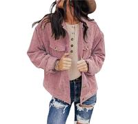Silunma2021 Women's Solid Color Lapel Casual Jacket Loose Plus Size Corduroy Coat Button Vintage Elegant Outerwear (Pink,L)