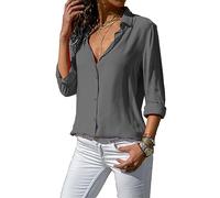 Silunma2021 Women's V-Neck Solid Color Chiffon Shirts Button Down Plus Size Slim Blouse Top Cotton Long Sleeves Classic Shirts (Dark Grey,XL)