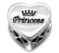 Silvadore - Silver Bead - ''Princess'' Engraved Crown Heart Plaque Mini Cut Crystal Cz Back - 925 Sterling Charm 3D Slide On 590 - Fits European Bracelet - Gift Boxed