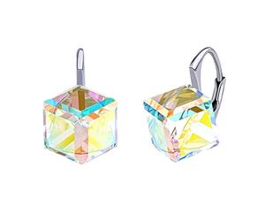 SILVEGO Women 925 Sterling Silver Earrings Rainbow Cube with Swarovski Crystals AB Effect