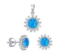 SILVEGO Women 925 Sterling Silver Set with Blue Synthetic Opal Stud Earrings and Pendant