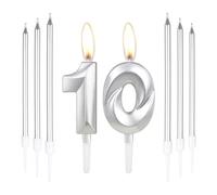 Silver 10th Birthday Cake Candles, Number 10 Candles with 6pcs Long Silver Candles, Cake Cake Decorations for Party Wedding Anniversary