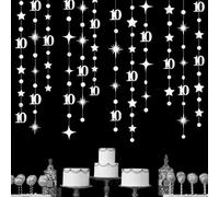Silver 10th Birthday Decorations Number 10 Circle Dot Twinkle Star Garland Metallic Hanging Streamer Banner Backdrop for Girls Boys Double Digits Ten Year Old Birthday 10th Anniversary Party Supplies