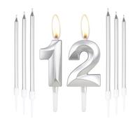 Silver 12th Birthday Cake Candles, 12 & 6pcs Long Silver Candles, Cake Decorations for Party & Anniversary