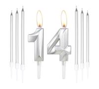 Silver 14th Birthday Cake Candles with Number 14 & 6 Long Pieces - Cake Candles Decorations