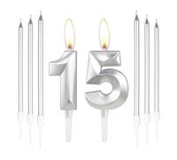Silver 15th Birthday Cake Candles,Number 15 Candles with 6pcs Long Candles,Silver Candles Birthday Cake Set, Cake Candles Decorations for Birthday Party Wedding Anniversary