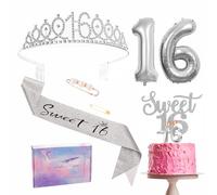 Silver 16th Birthday Decorations - Girl's Sash, Tiara, Cake Topper, Balloons, Candles & Gifts