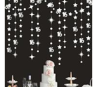 Silver 16th Birthday Decorations Number 16 Circle Dot Twinkle Star Garland Metallic Banner Backdrop for Girls Boys Happy 16th Birthday Sweet Sixteen 16th Anniversary Cheers to 16 Years Party Decor