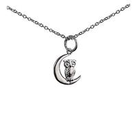 Silver 16x10mm solid Owl and Moon Pendant with a 1mm wide rolo Chain 22 inches