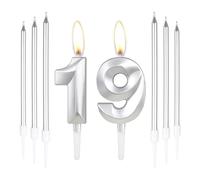 Silver 19th Birthday Cake Candles,Number 19 Candles with 6pcs Long Candles,Silver Candles Birthday Cake Set, Cake Candles Decorations for Birthday Party Wedding Anniversary