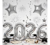 Silver 2026 Balloons, 40 Inch Large Number 2026 Foil Balloon with 18 Inch Star Foil Balloon, Giant 2026 Happy New Years Balloons for 2026 Happy New Year Eve Christmas Party Decorations Supplies