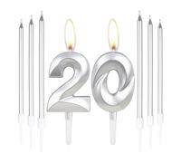 Silver 20th Birthday Cake Candles,Number 20 Candles with 6pcs Long Candles,Silver Candles Birthday Cake Set, Cake Candles Decorations for Birthday Party Wedding Anniversary