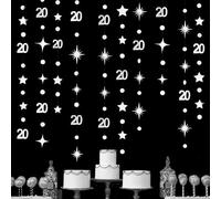 Silver 20th Birthday Decorations Number 20 Circle Dot Star Garland Metallic Hanging Streamer Banner Backdrop for Women Mens Cheers to 20 Years Birthday Happy 20th Anniversary Party Supplies
