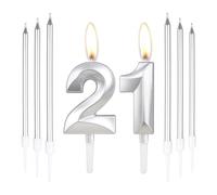 Silver 21st Birthday Cake Candles,Number 21 Candles with 6pcs Long Candles,Silver Candles Birthday Cake Set, Cake Candles Decorations for Birthday Party Wedding Anniversary