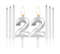 Silver 22nd Birthday Cake Candles with Number 22 and 6pcs Long Candles, Perfect for Special Occasions