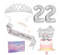 Silver 22nd Birthday Decorations for Girl 22nd Birthday Sash Tiara Set, 22nd Birthday Party Pack Sash Crown Number 22 Foil Balloons Birthday Cake Topper Candle, 22nd Birthday Gifts for Girl Her