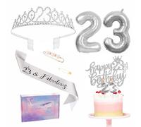 Silver 23rd Birthday Decorations for Girl 23rd Birthday Sash Tiara Set, 23rd Birthday Party Pack Sash Crown Number 23 Foil Balloons Birthday Cake Topper Candle, 23rd Birthday Gifts for Girl Her
